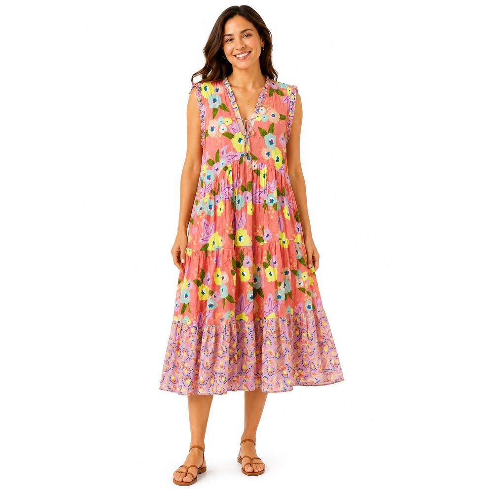 Uncle Frank Tiered Boho Pastel Floral Maxi Dress Size L Ruffle Tie Coral Orange